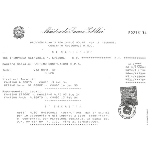 Ministero dei lavori pubblici competenza certificata - Fantino Costruzioni